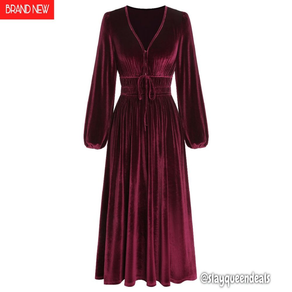 Long Sleeve Velvet Midi Dress V-Neck Formal Wedding Guest Cocktail
